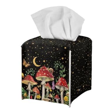 Imagem de Gearider Caixa de lenços de papel de cogumelo estética elegante capa quadrada de couro com botão de metal lua capa de tecido impermeável para decoração automotiva de escritório em casa