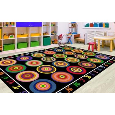 Imagem de HUAHOO Tapete grande para sala de aula, 3,5 m x 2,5 m, preto, pré-escolar, professor, sala de aula, alfabeto, lavável na máquina com suporte antiderrapante, círculos de arco-íris preto