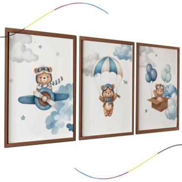 Imagem de Conjunto de 3 Quadros Decorativos Infantis com moldura, Urso Aviador em Azul, Arte para Quarto de Bebê, Moldura Marrom
