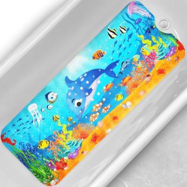 Imagem de Linoows Tapete de banheira para bebê, 101 x 40 cm, extra grande, antiderrapante, com desenhos animados, tapetes de chuveiro com ventosas e orifícios de drenagem, lavável na máquina para banheiro