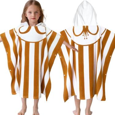 Imagem de VOOVA & MOVAS Toalha poncho com capuz para crianças (4 a 8 anos, 76 x 76 cm) | Roupão de algodão macio e absorvente para meninos e meninas | Saída de praia versátil, piscina, natação e banho | Listra