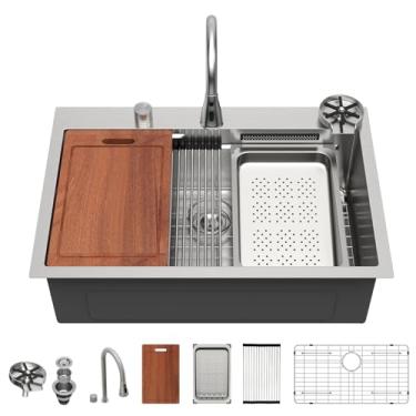 Imagem de Sarlai Pia de cozinha em cascata de 83 cm – 83 x 55 cm para pia de cozinha, estação de trabalho, multifuncional, inteligente, aço inoxidável, 16 calibres, pia única com torneira