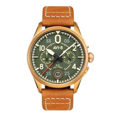 Imagem de AVI-8 Relógio piloto cronógrafo masculino Spitfire Lock – quartzo mecânico japonês, caixa de aço inoxidável de 42 mm, pulseira de couro, resistente à água 50 m, AV-4089, Bronze verde, Cronógrafo Lock