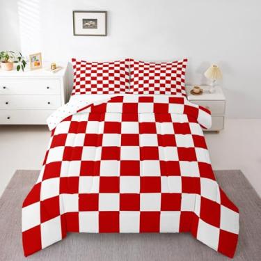 Imagem de Feelyou Jogo de cama retrô quadriculado para adolescentes e homens, vermelho, branco, xadrez, tamanho solteiro, geométrico, vintage, moderno, simples, decoração de quarto