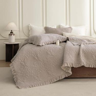 Imagem de QSH Conjunto de cama king size de algodão lavado na pedra, 3 peças (279 x 248 cm), conjunto de cama king size com babados e sensação de linho, ultra leve, macio, enrugado, cobertor, casa de fazenda