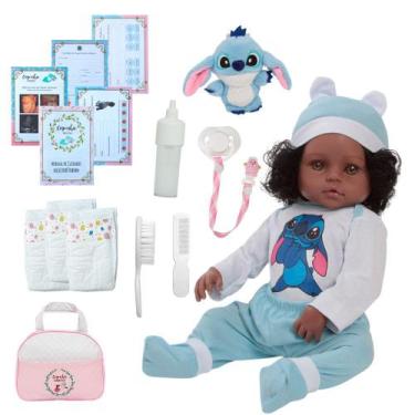 Imagem de Boneca Reborn Bebê Cabelo Cacheado Stitch Bolsa + Itens - Cegonha Rebo