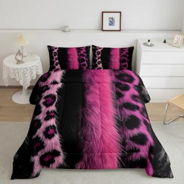 Imagem de jejeloiu Jogo de cama casal com estampa de leopardo rosa 3D, para meninos e meninas, conjunto de edredom de pele de animal selvagem, 3 peças