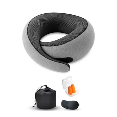 Imagem de Gourstar Travesseiro de viagem, travesseiros de viagem para aviões, travesseiro de pescoço de viagem 100% de espuma viscoelástica pura com máscara para os olhos e tampões de ouvido, design confortável