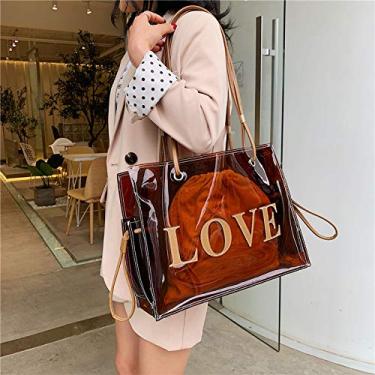 Imagem de Mibee Moda Feminina Transparente PVC Bolsas de Ombro Geléia Doce Cor Grande Capacidade Bolsa Tote Brown