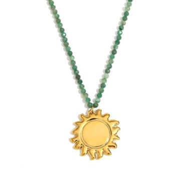 Imagem de AOLIMI Colares femininos com contas de pedras preciosas douradas com pingente de sol verde pedra natural boho joia de verão