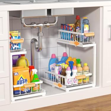 Imagem de Organizador de armário sob a pia, prateleiras de armazenamento de 2 camadas, sistema de gaveta de cozinha de banheiro ajustável, preto (branco, grande - pacote com 2)