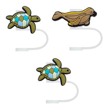 Imagem de STRACOUPI Tartaruga marinha de mosaico e tampa de palha de silicone de foca para copos Stanley, acessório decorativo reutilizável, pacote com 3