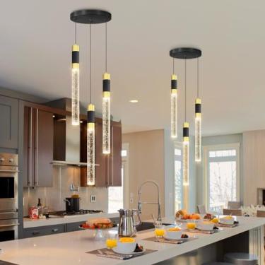 Imagem de Iluminação pendente moderna de 3 luzes LED cristal ilha de cozinha luz pendente regulável com controle remoto 3000K-6000K para sala de jantar sobre mesa luminárias pendentes