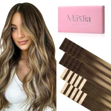 Imagem de MAXITA Extensões de cabelo humano Invisi Edge Tape, 45 cm, 50 g, marrom chocolate a loiro caramelo, 10 peças injetadas com 10 fitas clássicas, fita reta sem costura em extensões