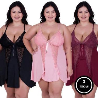 Imagem de Kit 3 Camisola Plus Size Detahe de Renda Bia BORDÔ, ROSÊ E PRETO - NAK