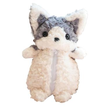 Imagem de WeiLaiKeQi Estojo de pelúcia em formato de cachorro, bolsa para lápis, portátil, grande, adorável, para maquiagem, bolsa de cosméticos para crianças, Cinza