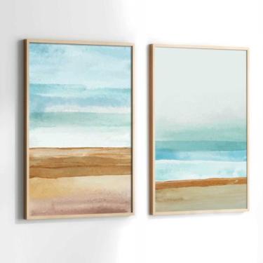 Imagem de Conjunto Quadros Decorativos com Moldura Praia Azul Marrom AbstratoKit