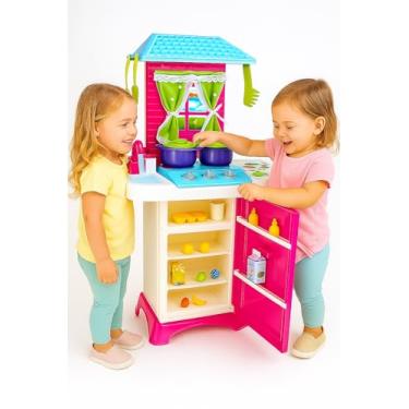 Imagem de Conjunto Cozinha Infantil Completo com Pia Geladeira Fogão e Telhado Brinquedo Educativo Interativo em Plástico Resistente Ideal para Crianças Desenvolver Criatividade Imaginação e Diversão