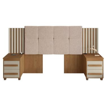 Imagem de Cabeceira Casal Extensível Com 2 Mesas De Apoio Ripado E Estofado Cinamomo/off White Suíça Rv Móveis