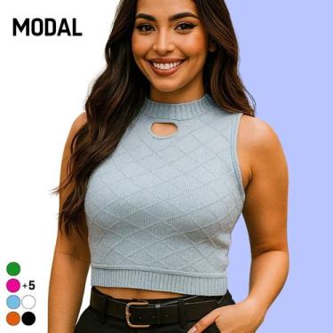 Imagem de Blusa Regata Cropped Feminino Tricot Modal Vazado Sem Manga - Vitrine 