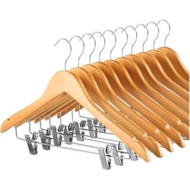 Imagem de Kit 10 Cabides de Madeira Infantil com Presilhas | Madeira Marfim | Gancho Giratório Cromado | Alta Resistência e Organização