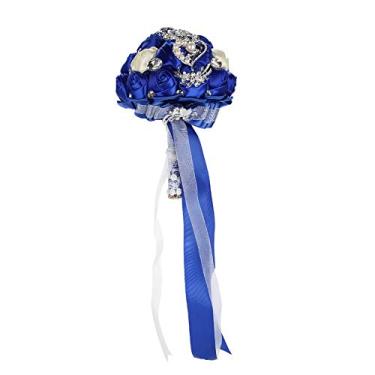 Imagem de Luqeeg Buquê de Cristal para Noiva e Damas de Honra, Buquê de Mão para Casamento com Fita de Liga Metálica, Arranjo Floral Delicado Em Azul e Branco para Casamento e (9 azul royal + #17 leite branco)