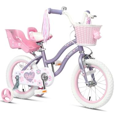 Imagem de Glerc Bicicleta Petal para meninas, bicicleta infantil de 40 cm para idades de 4 a 7 anos, bicicleta infantil estilo princesa com rodas de treinamento, cesta e serpentinas, roxo