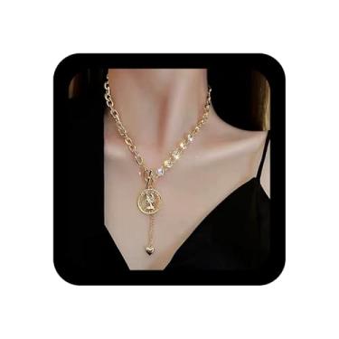 Imagem de Ximdble Colar vintage de cristal em Y com medalha de pirata boho colar de corrente de strass colar de ouro punk clipe de papel colar coração amor Y Lariat colar para mulheres, Zinco, Sem Pedra