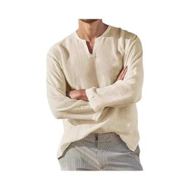 Imagem de Camisa Casual Masculina De Algodão E Linho Com Decote Em V, Manga Long