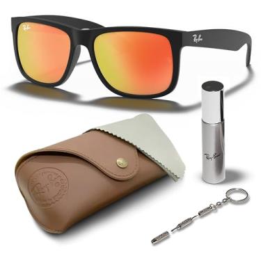 Imagem de Ray-Ban RB4165 JUSTIN COLOR MIX Óculos de sol quadrados para homens e mulheres com kit oficial de óculos RAYBAN, Armação preta de borracha fosca | Lente espelhada vermelha, 55 mm