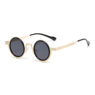 Imagem de Óculos de sol retrô redondos pequenos de metal punk, feminino, com lentes transparentes, UV400, masculino, armação dupla (dourado, preto e cinza)