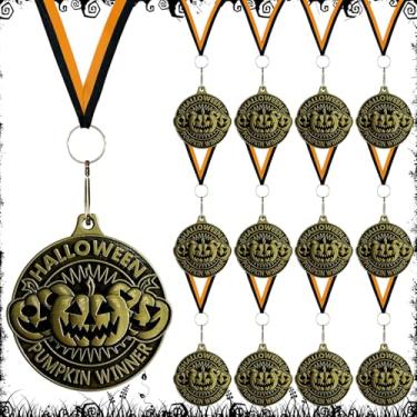 Imagem de LAIAMER 12 medalhas de abóbora de Halloween, prêmio de escultura de abóbora em massa prêmios de fantasia de abóbora com fitas de pescoço medalha de doces ou travessuras para prêmios de Halloween