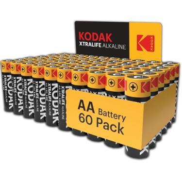 Imagem de Kodak Pacote com 60 pilhas AA Xtralife, pacote duplo de pilhas alcalinas, 1,5 V, vida útil de 10 anos, LR6, ideal para dispositivos de alta drenagem, 12x mais potência, caixa externa de papelão sem