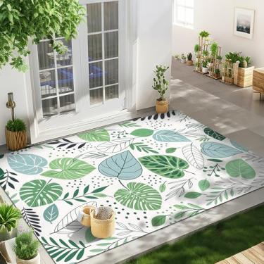 Imagem de Monstera Tapete de área para sala de estar, 1,7 x 1,8 m, verde, lavável, estampa de planta tropical, antiderrapante, tapete de lã sintética para entrada, quarto, cozinha, sala de jantar