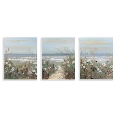 Imagem de Stupell Industries Conjunto de arte de placa de parede com paisagem litoral de flores silvestres, design de Sally Swatland, 14 x 11