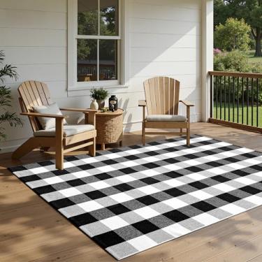 Imagem de joybest Tapete xadrez Buffalo 1,5 x 2,1 m, preto e branco, tapete quadriculado de algodão tecido à mão para ambientes internos e externos, para pátio, sala de estar, sala de jantar, quarto