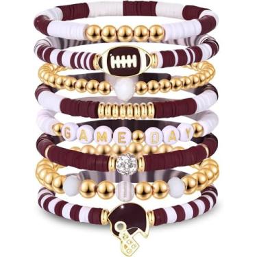 Imagem de Chanaiqw Conjunto de pulseiras de amizade empilhadas multicamadas para mulheres, personalizado, letras empilháveis, rugby, com contas elásticas, One Size, Liga metálica, Sem Pedra Preciosa