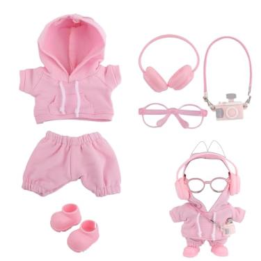 Imagem de Conjunto de Roupas Boneca 17cm, Conjunto de Vestuário Boneca Estilosas e Legais Inclui Moletons Calças Óculos Sol Fone Ouvido Sapatos e Cordão para Câmera(Rosa)