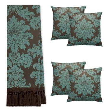 Imagem de Kit Manta Xale Para Sofá E Cama Cores Com 4 Capas de Almofada (1,40 X 1,80,225 TURQUESA/MARROM)