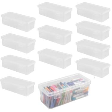 Imagem de HOZEON Pacote com 12 estojos de lápis transparentes com tampas – Caixas de armazenamento de plástico empilháveis para materiais de arte, organizador de pincéis de giz de cera