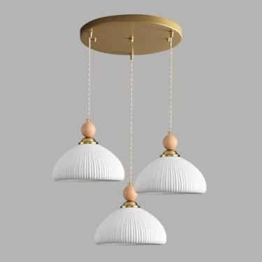 Imagem de Lustre nórdico vintage com 3 luzes, luminária pendente estilo fazenda, abajur de cerâmica, altura ajustável, luz suspensa para ilha de cozinha, sala de estar, quarto, cabeceira, sala de jant
