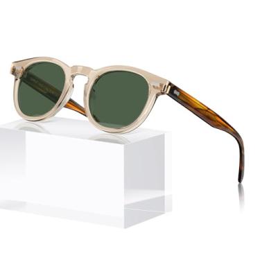 Imagem de CARFIA Óculos de sol retrô de acetato para homens, proteção UV polarizada, persianas redondas com núcleo de arame em relevo, 1. Lente verde com armação amarela transparente, tamanho �nico