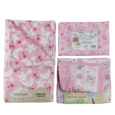 Imagem de KIT SONINHO JOGO DE BERÇO COBERTOR FLANELADO DE BEBÊ TRAVESSEIRO DE ESPUMA ANTI SUFOCAMENTO (Rosa)