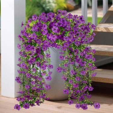 Imagem de Evoio 2 pacotes de flores artificiais de hera violeta para pendurar no exterior, pátio, jardim, varanda, casamento, decoração de casa (roxo)