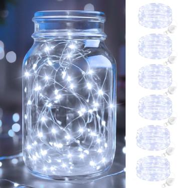 Imagem de btfarm Pacote com 6 luzes de fadas operadas a pilha, 20 cm, mini cordão de luzes de LED, fio prateado à prova d'água para potes de pedreiro, mesa de centro de mesa, artesanato de quarto, decoração de