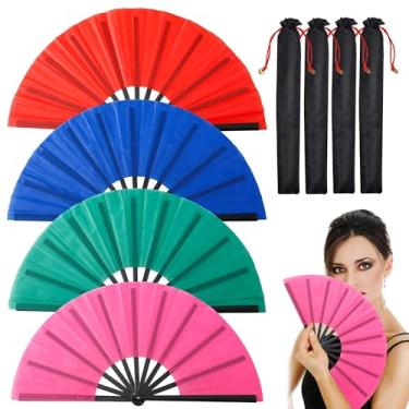 Imagem de 4 peças de leques grandes chineses dobráveis linha dança poping fãs seda mão Clack Sensus japonês Kung Fu Tai Chi Handheld Sensus para homens mulheres festival linha dança ou decoração de casa festa