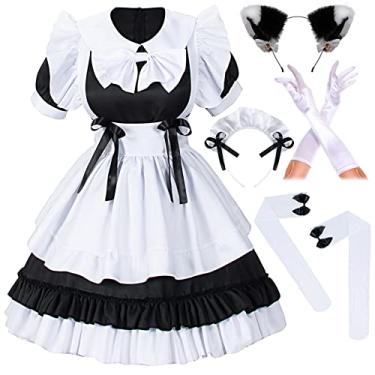 Imagem de Irtysh Women Sweet Kawaii Costume Dress Anime French Maid Cosplay Furry Cat Ear Gloves Socks set(Black 2XL)