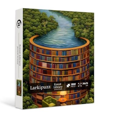 Imagem de Larkipuzz Vintage Bookshelf Puzzles for Adults 1000 Pieces, Colorful Book Pages Jigsaw Puzzles Forest Lake, Impossible Challenging Fantasy Library Scenery Theme as House Decor