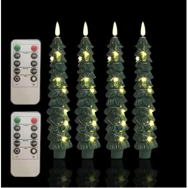 Imagem de Pacote com 4 velas de árvore de Natal com controle remoto, velas cônicas de plástico sem chama de 24 cm com cordão de estrela embutido, operado por bateria de LED com chama cintilante 3D, vela de