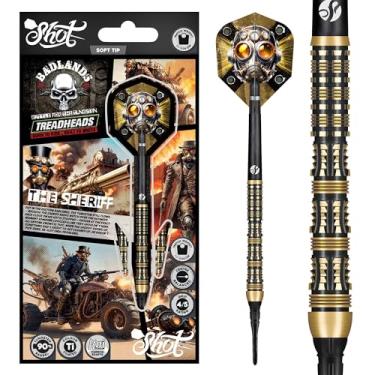 Imagem de Shot! Badlands The Sheriff Conjunto de dardos de ponta macia - 90% barris de tungstênio feito à mão conjunto de dardos profissional e voos feitos na Nova Zelândia, dardos de ponta macia para alvo